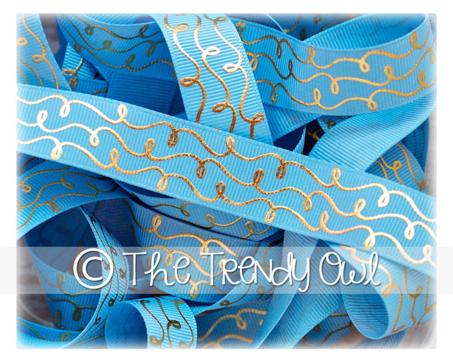 7/8" Gold Foil Doodle Swirls - Blue Mist - 5yd Roll