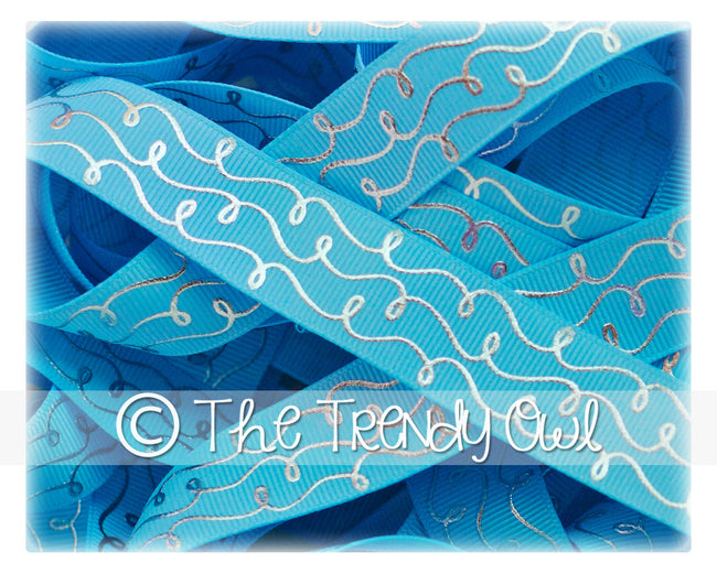 7/8" Silver Foil Doodle Swirls - Blue Mist - 5yd Roll
