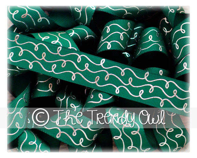 7/8" Silver Foil Doodle Swirls - Forest Green - 5yd Roll