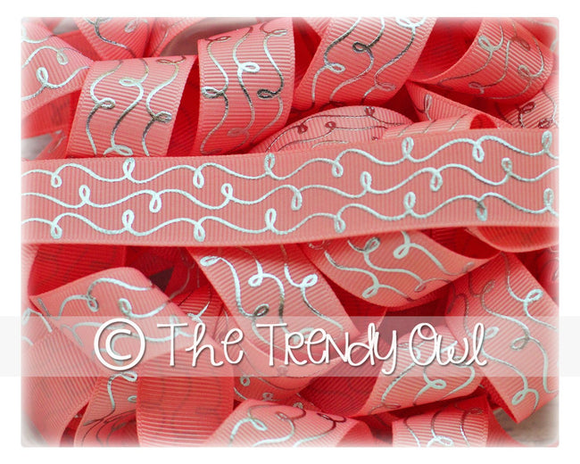 7/8" Silver Foil Doodle Swirls - Lt Coral - 5yd Roll