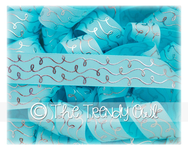 7/8" Silver Foil Doodle Swirls - Ocean Blue - 5yd Roll
