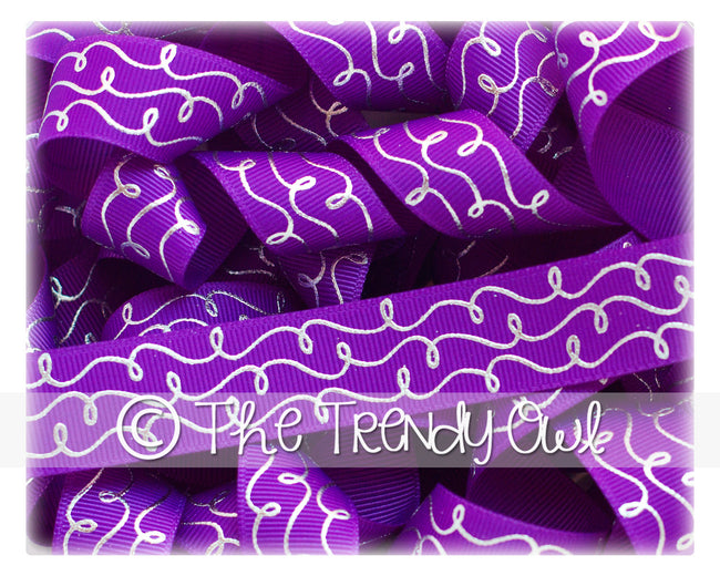 7/8" Silver Foil Doodle Swirls - Purple - 5yd Roll