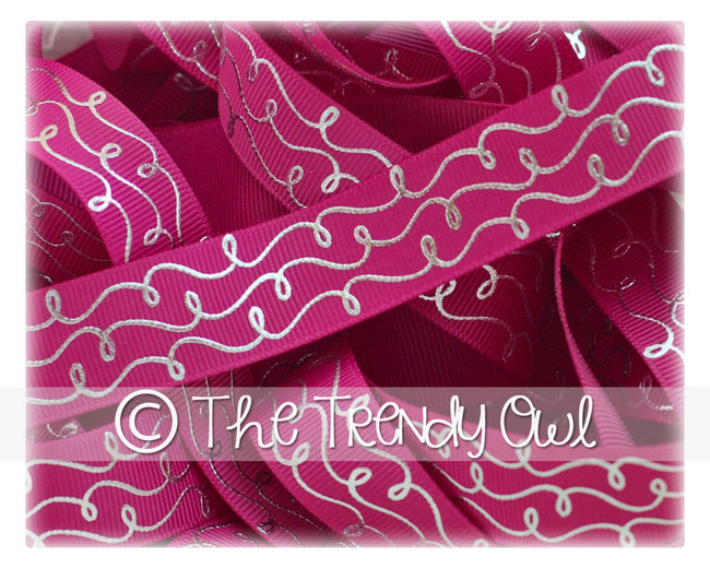 7/8" Silver Foil Doodle Swirls - Raspberry Rose - 5yd Roll