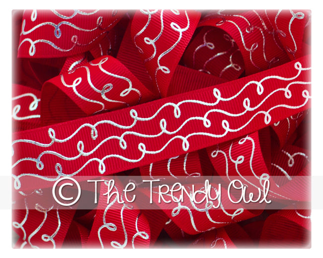 7/8" Silver Foil Doodle Swirls - Red - 5yd Roll