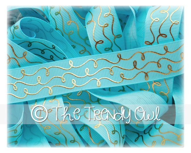 7/8" Gold Foil Doodle Swirls - Ocean Blue - 5yd Roll