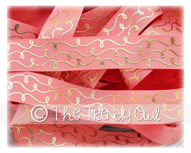 7/8" Gold Foil Doodle Swirls - Lt Coral - 5yd Roll