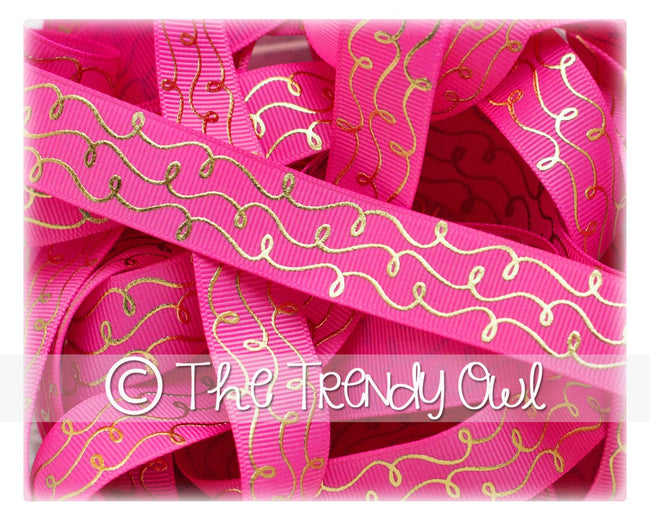7/8" Gold Foil Doodle Swirls - Hot Pink - 5yd Roll
