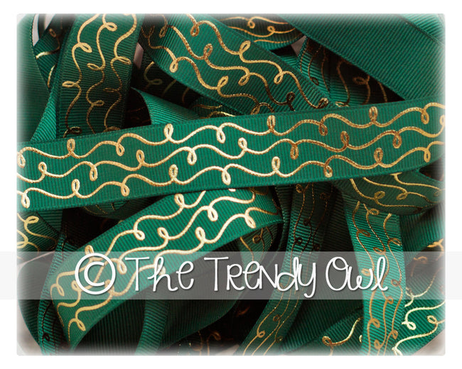 7/8" Gold Foil Doodle Swirls - Forest Green - 5yd Roll