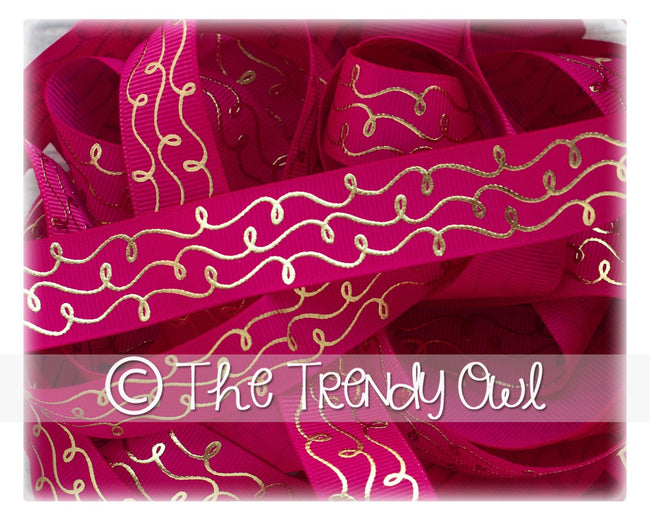 7/8" Gold Foil Doodle Swirls - Azalea - 5yd Roll