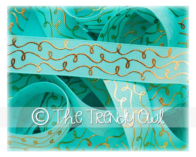 7/8" Gold Foil Doodle Swirls - Aqua - 5yd Roll