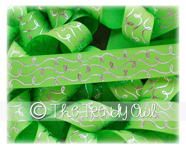 7/8" Silver Foil Doodle Swirls - Apple Green - 5yd Roll
