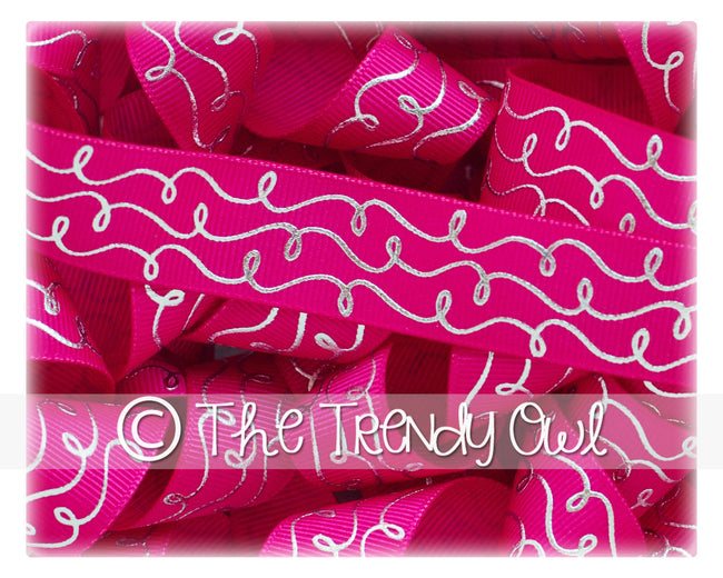 7/8" Silver Foil Doodle Swirls - Azalea - 5yd Roll