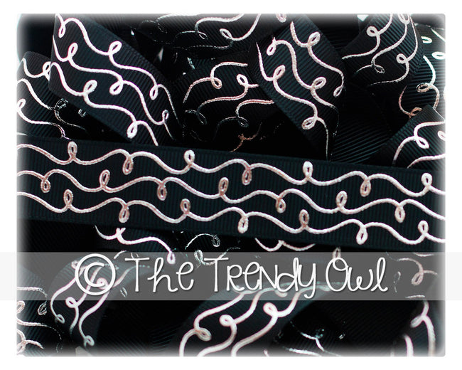 7/8" Silver Foil Doodle Swirls - Black - 5yd Roll
