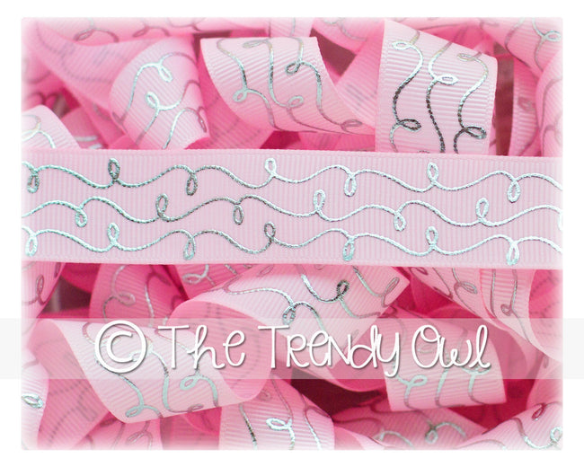 7/8" Silver Foil Doodle Swirls - Pearl Pink - 5yd Roll