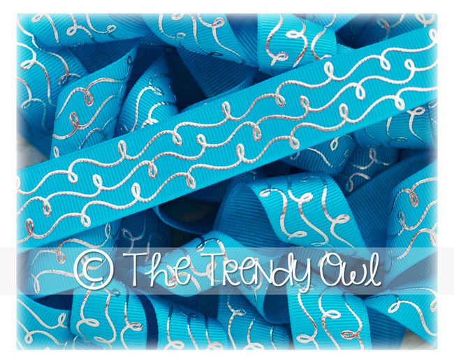 7/8" Silver Foil Doodle Swirls - Turquoise - 5yd Roll