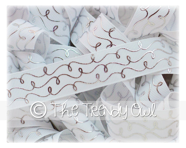 7/8" Silver Foil Doodle Swirls - White - 5yd Roll