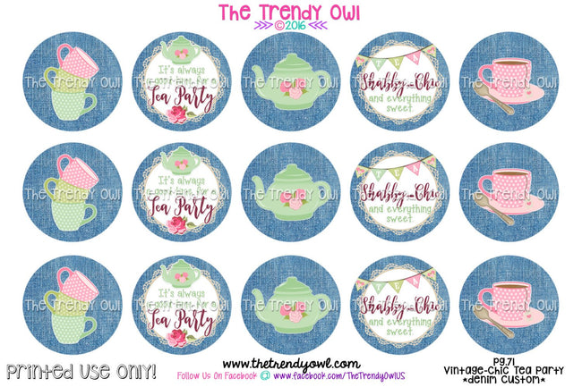 Denim Shabby Chic Tea Party - 1" Bottle Cap Images - INSTANT DOWNLOAD