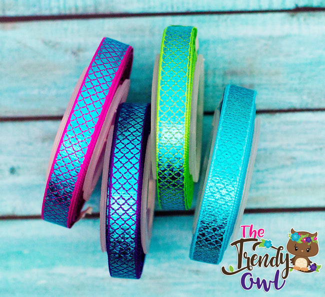 3/8", 7/8", 1.5" & 3" - Turquoise Laser Foil Mermaid Scales - 5yd Roll