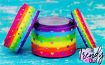 3/8", 7/8", 1.5" & 3" Mini Glittered Hearts on Rainbow Stripes - 5yd Roll