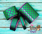 3/8", 7/8", 1.5" & 3" Green Laser Foil Mermaid Scales on Purple Ribbon - 5yd Roll